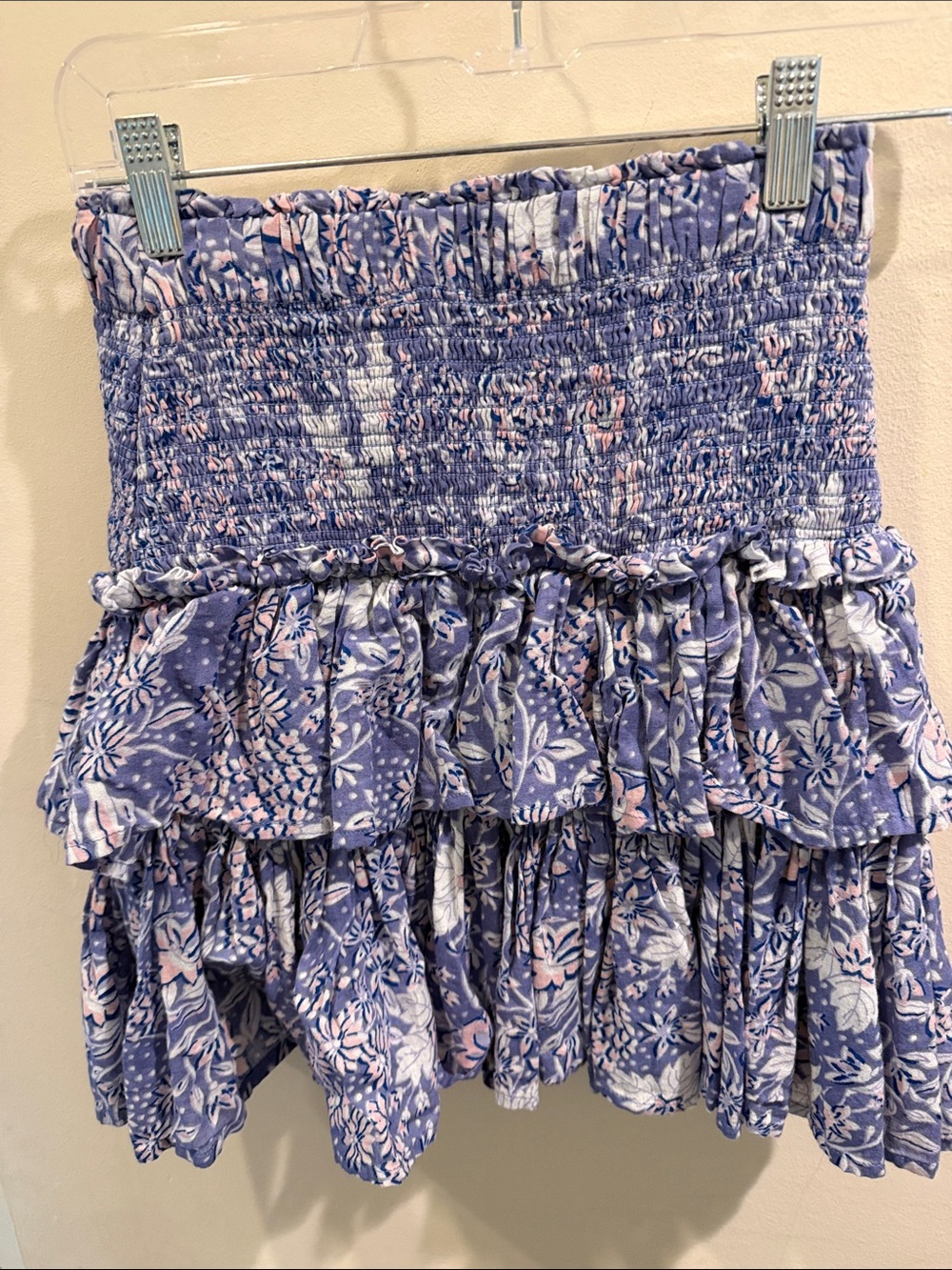 Sundry Smocked Ruffled Floral Mini Skirt in Lavender and Blush